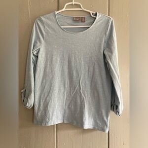 Chico's Women's Cotton Slub Utility 3/4 Sleeve Top Shirt Sz 0 XS Light Blue